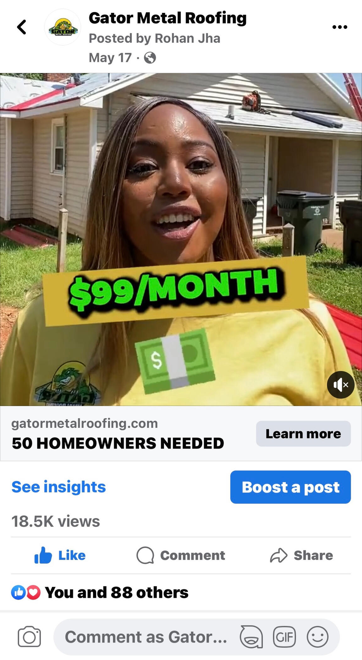 Audrey spearman in gator Metal roofing ad content